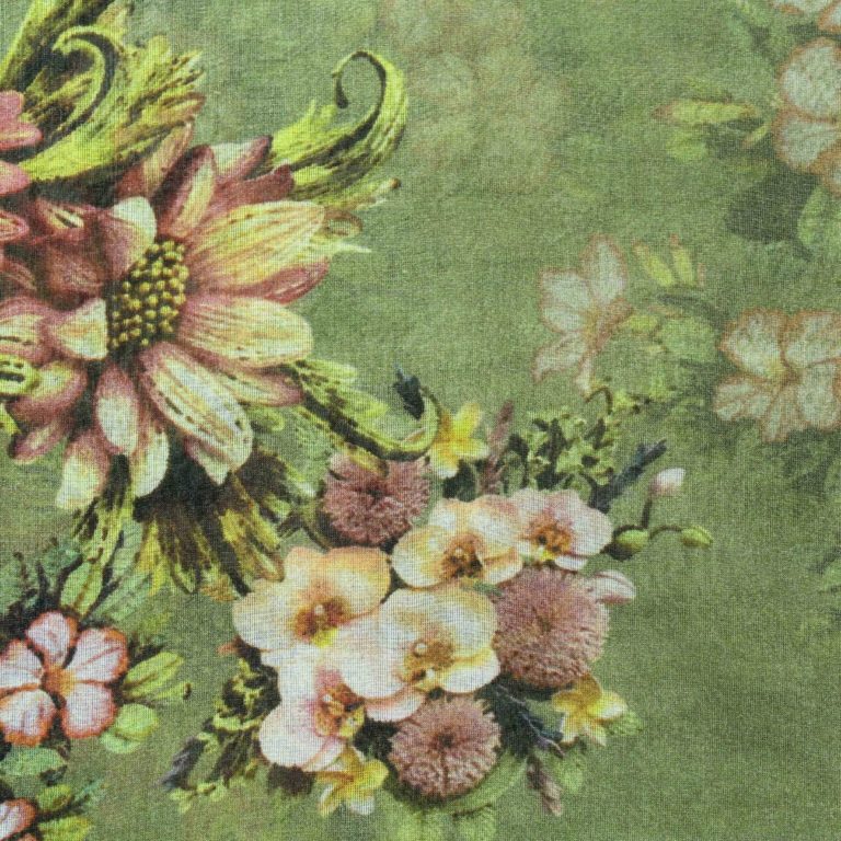 AS42757 Pure Printed Soft Orgenza Silk Olive Green Silk Floral Printed Fabric 1