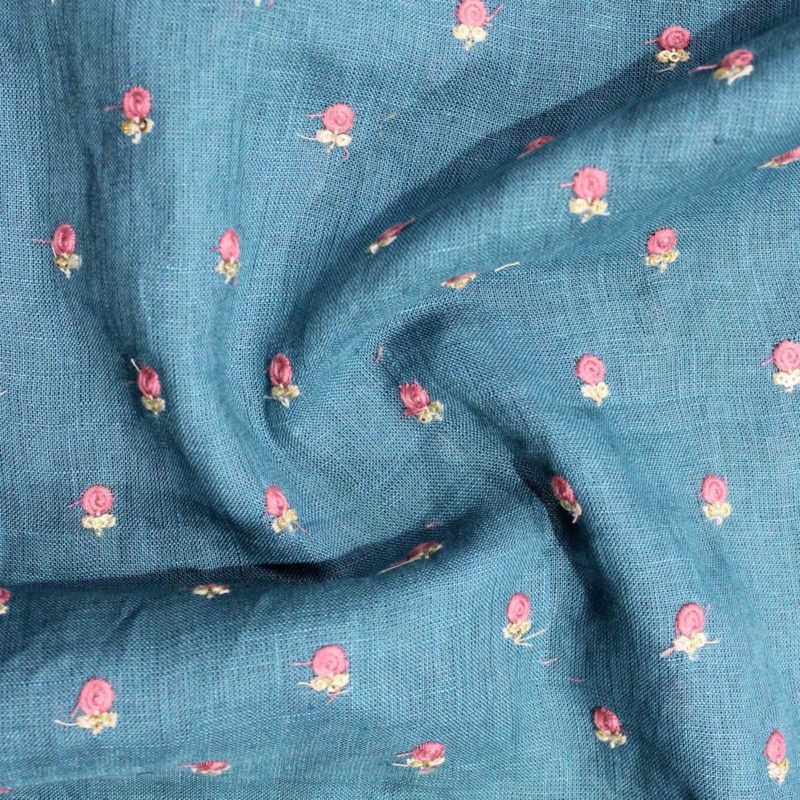 AS42790 Linen Embroided Fabric Sapphire Blue 2