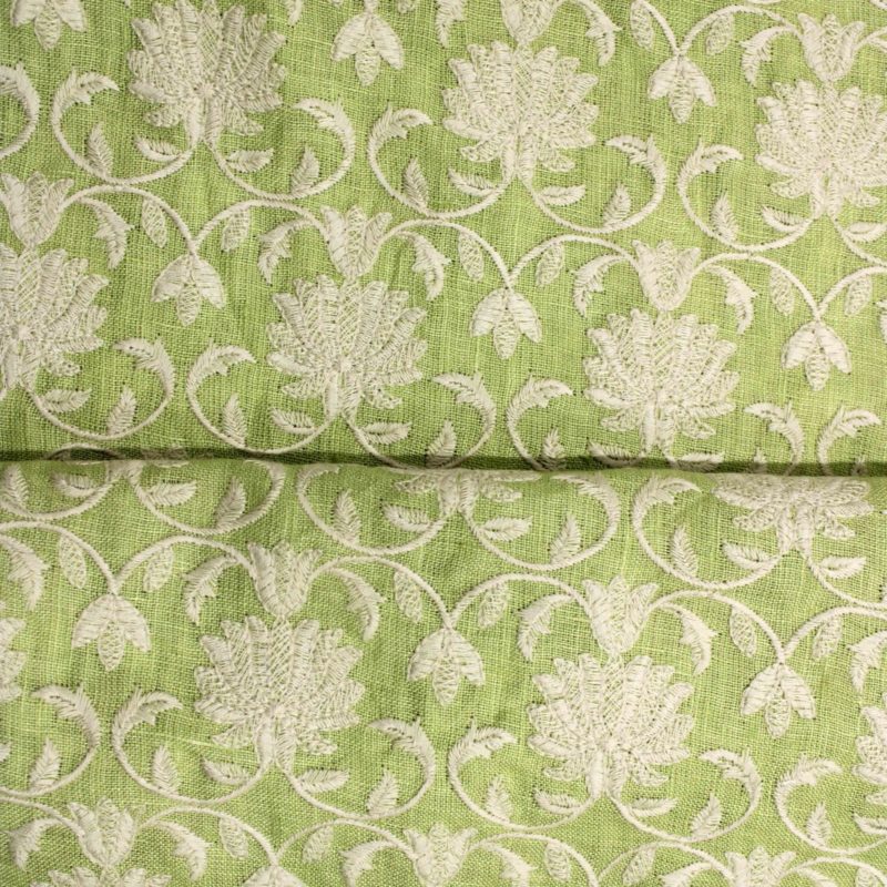 AS42795 Linen Embroided Fabric Light Olive Green 1