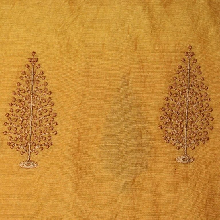 AS43560 Silk Heavy Embroidery With Brown Tree Embroidery Amber Yellow 1