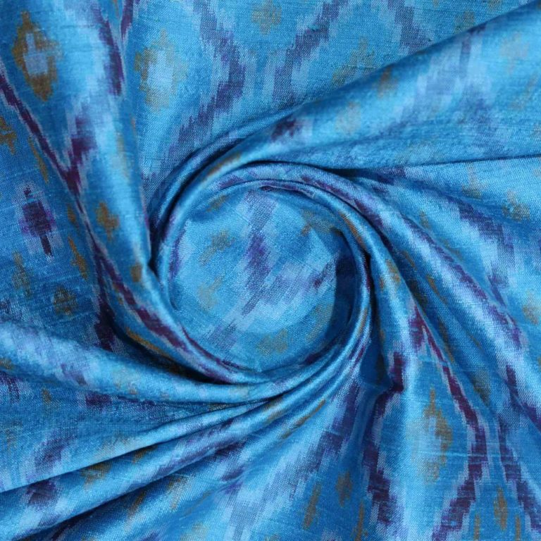 AS43837 Raw Silk Ikkat With Square Dark Blue Patterns Azure Blue 3