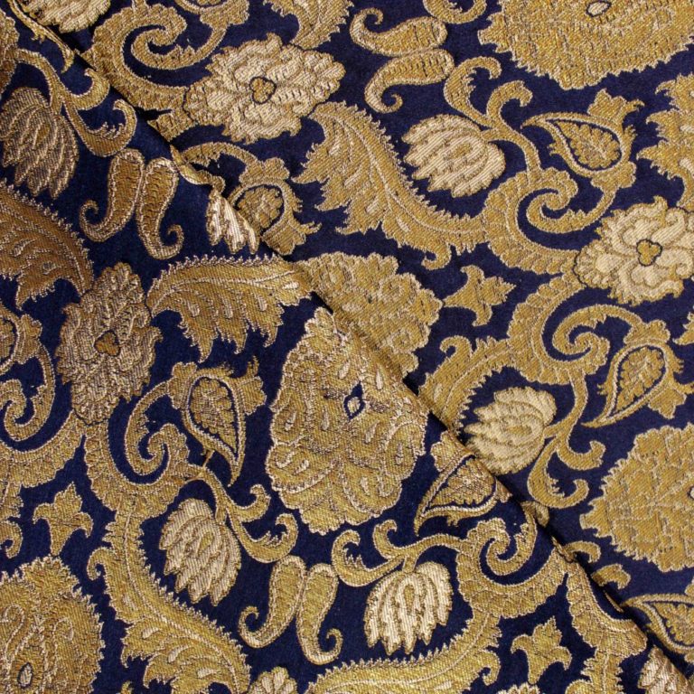 AS43877 Banarasi Kinkhaab Golden Big Floral Pattern Navy Blue 2