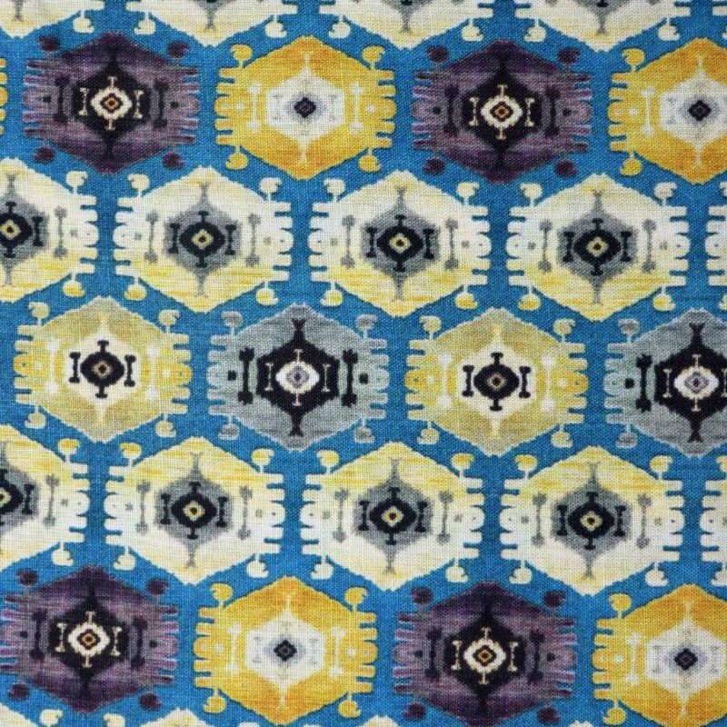 AS44417 Linen Print With White Yellow Hexagonal Patterns Sapphire Blue 1