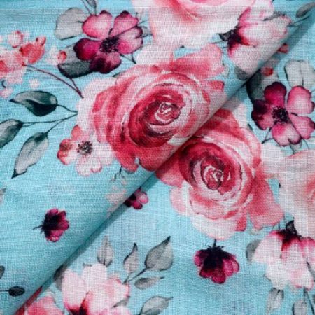 AS45075 Linen Prints With Pink Rose Print Light Blue 2