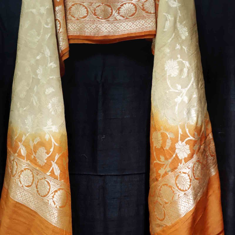 AS45275 Banarasi Brush Print Artistic Duppatta With Orange Floral Pattern White 1