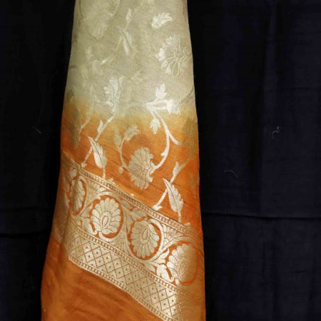 AS45275 Banarasi Brush Print Artistic Duppatta With Orange Floral Pattern White 2