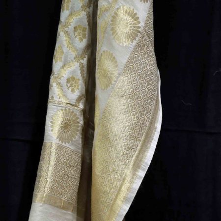 AS45279 Banarasi Brush Print Artistic Duppatta With Checked Golden Floral Pattern White 2