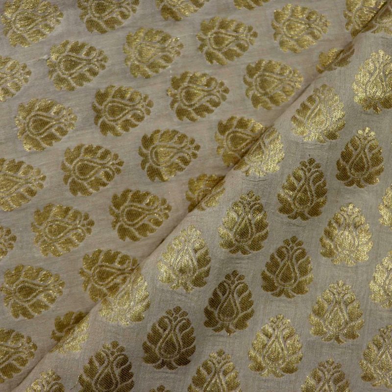 AS45348 Pure Dyeable Munga With Golden Leaf Pattern Cream 2