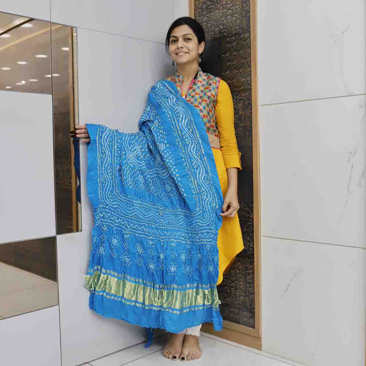 Bandhani Gajji Silk Dupatta With Chandrakhani Pattern Blue