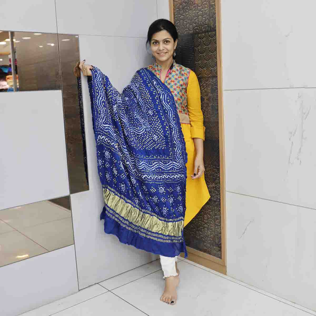 Bandhani Gajji Silk Dupatta With Chandrakhani Pattern Dark Blue