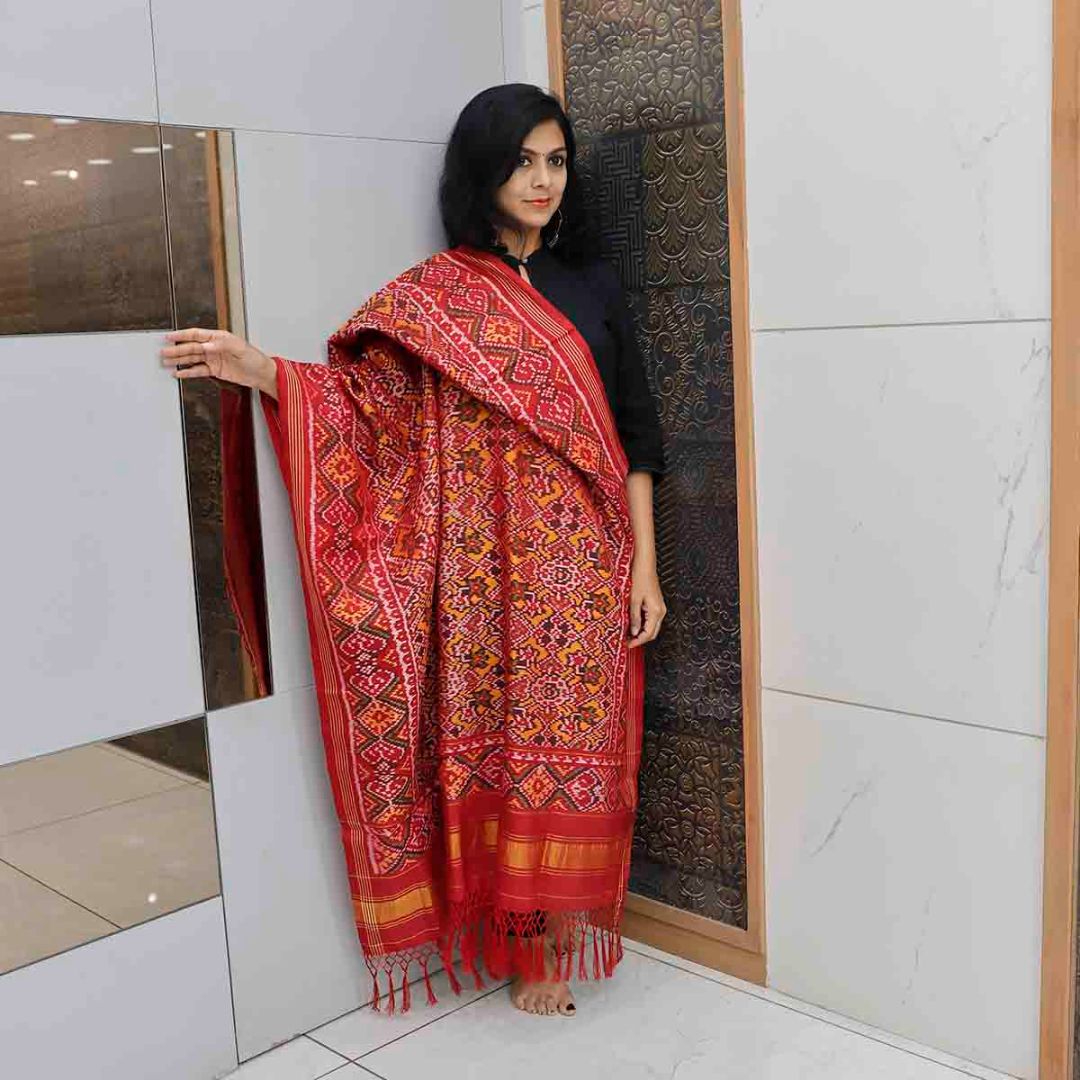 Pure Silk Handloom Double Ikkat Patan Patola Duppatta Dark Maroon