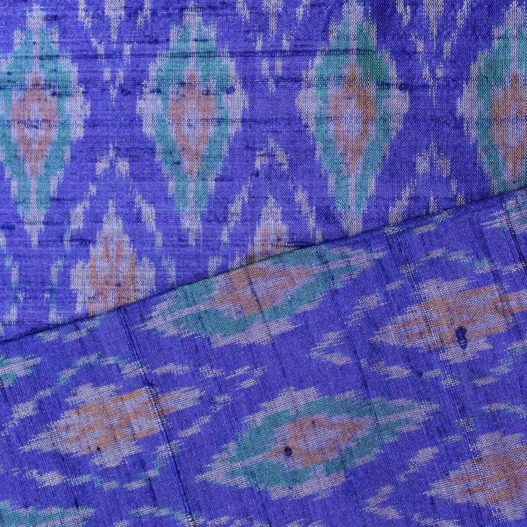 Intrigued Blue Raw Silk Ikat With Multi Color Geometrical Design Finely Knitted Fabric 3