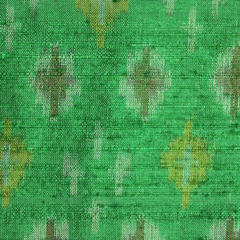 Intrigued Parakeet Green Raw Silk Ikat With Multi Color Geometrical Design Finely Knitted Fabric 2