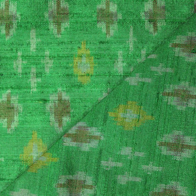 Intrigued Parakeet Green Raw Silk Ikat With Multi Color Geometrical Design Finely Knitted Fabric 3